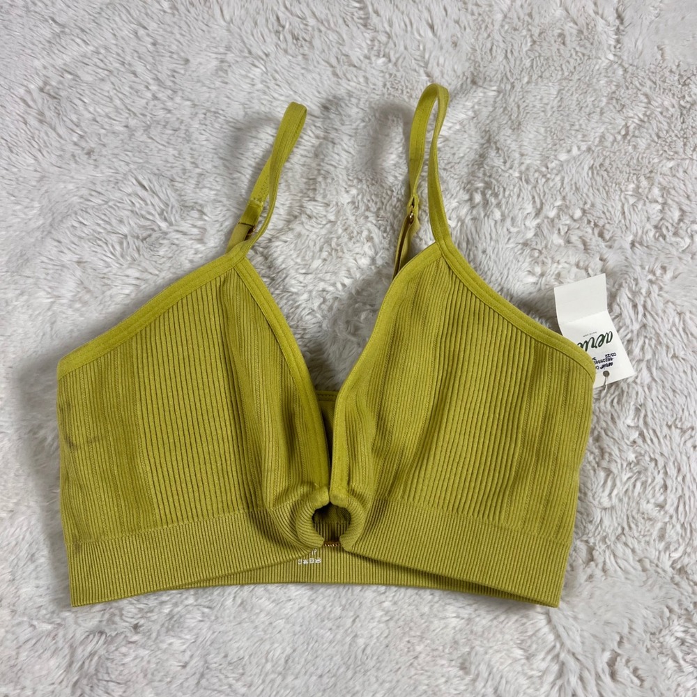 Aerie Ribbed O-Ring Bralette Chartreuse Green XS 3404-377 NWT Stains Pull-On Top
